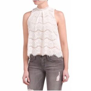 Womens Love Fire Size M Medium Sleeveless Lined Cream Lace High Collar Blouse